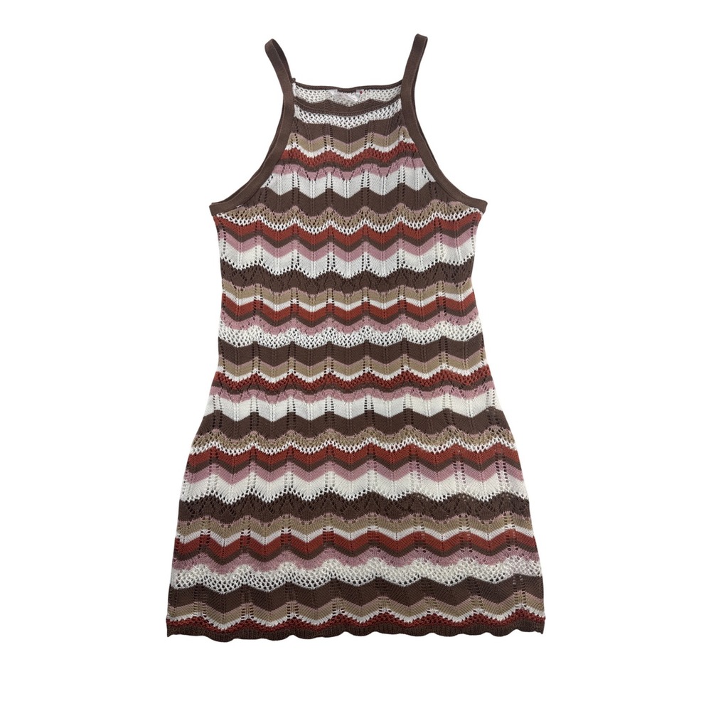 Girls Juniors XXL‎ 19 Boho Crochet Knit Dress Brown Pink Stripe Festival Y2K